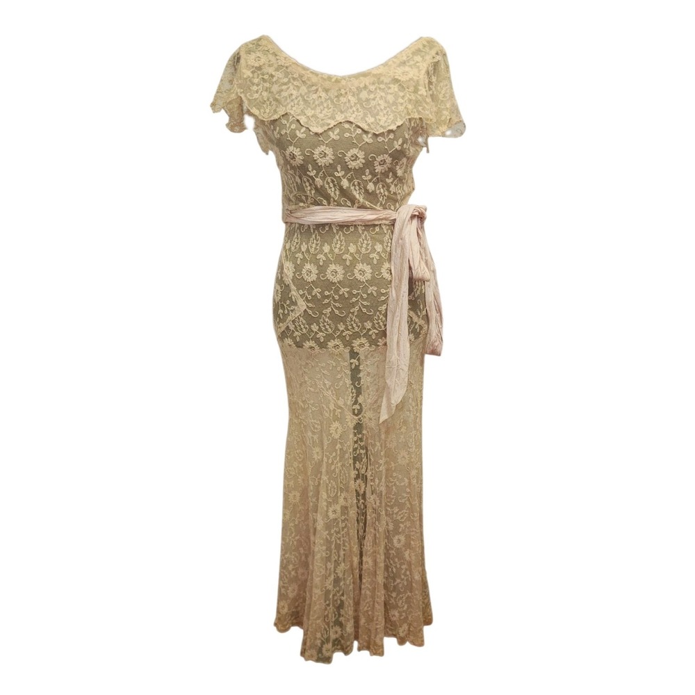 Vtg 20s 30s Dress Lace Bias Cut Gown Bertha Collar Old Hollywood Theater Maxi XS